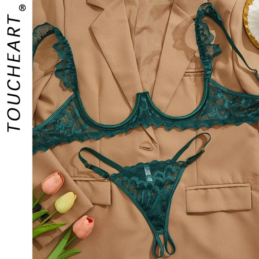 Sexy Lace Lingerie Set for Women – See-Through Bra and Panty in Solid Color Mesh
