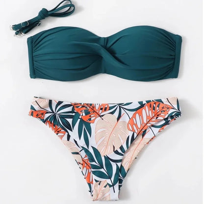 Teal bandeau bikini top and leaf-patterned bottoms