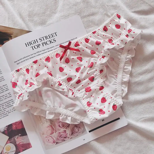 Cute Strawberry Milk Silk Panties – Low-Rise Bowknot Briefs for Women