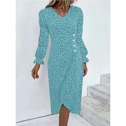 Elegant Floral Pleated H-shaped Midi Dress V Neck Summer Dresses for Women