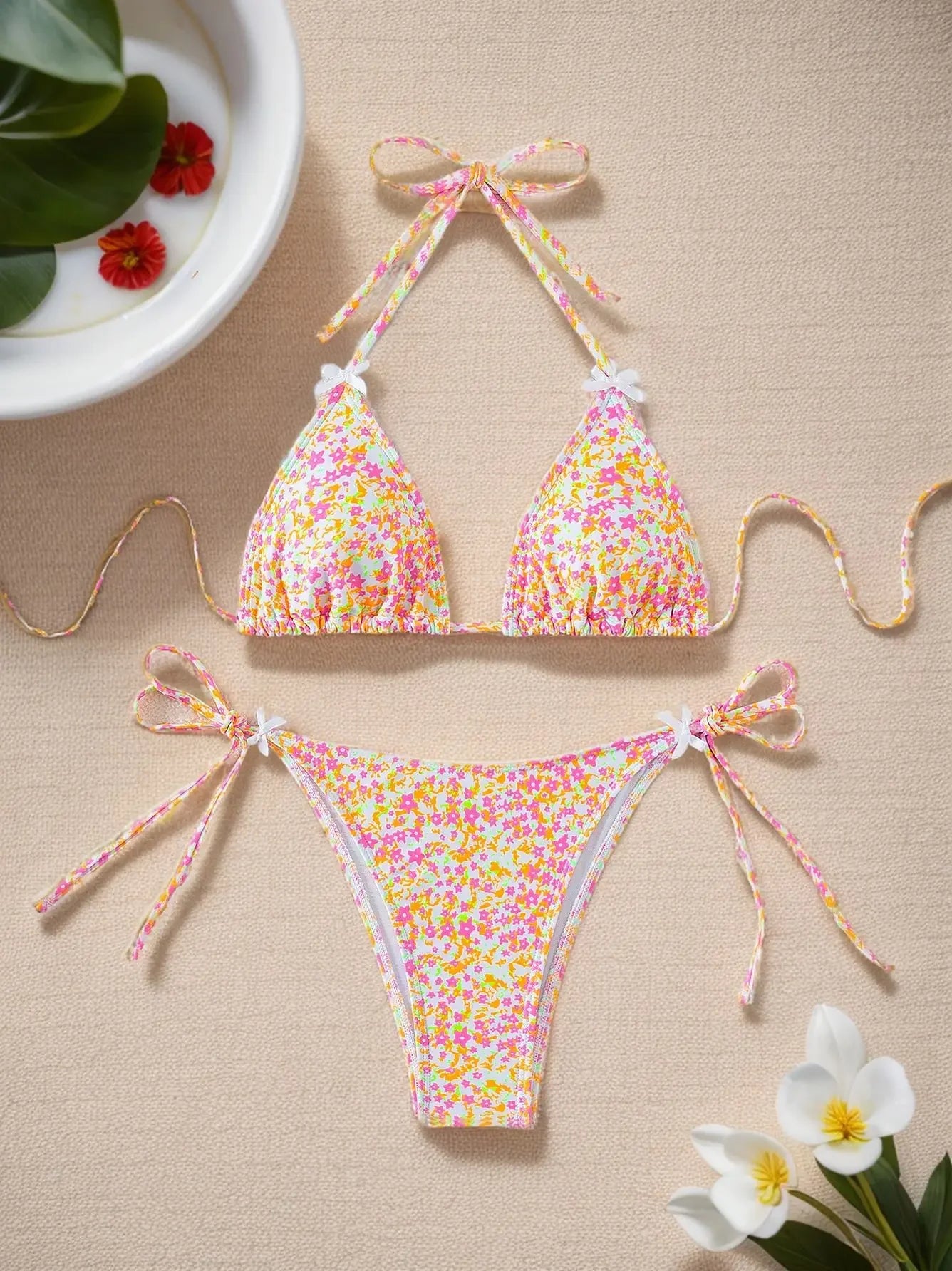Colorful bikini set with floral pattern