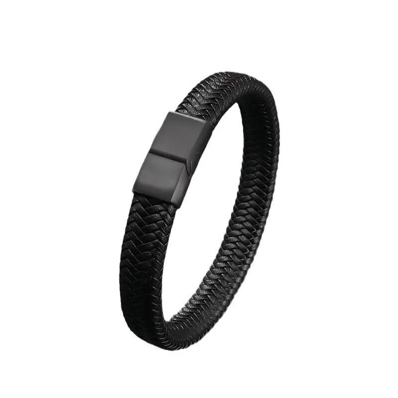 Minimalist Black Braided Leather Wrap Bracelet – Men's Infinity Bracelet with Magnetic Buckle