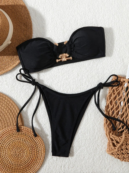 Solid O Ring Swimsuit for Women – Tie Side Shiny Ring Bandeau Bikini with Padded Bra Top