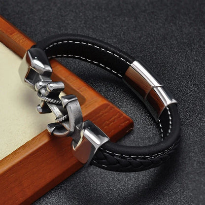 Men's Leather Anchor Bracelet with Stainless Steel, Trendy and Stylish Cuff Bracelet