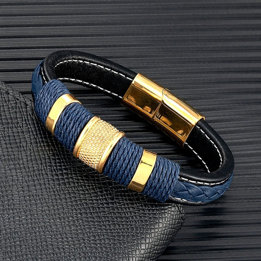 MKENDN Punk Men Braided Genuine Blue Leather Bracelet Black Stainless Steel Magnetic Buckle Bracelet Gifts Homme Pulseras