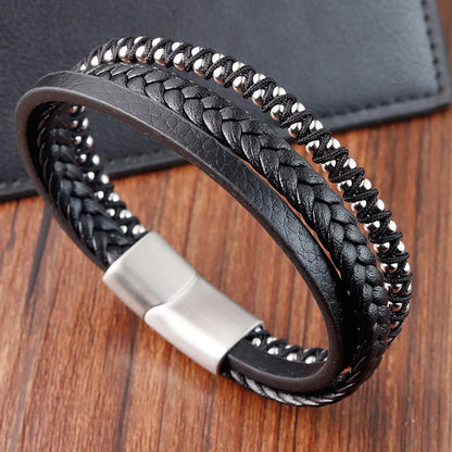 Braided Rope Woven Black Leather Bracelet for Men – Punk Style Stainless Steel Bangle