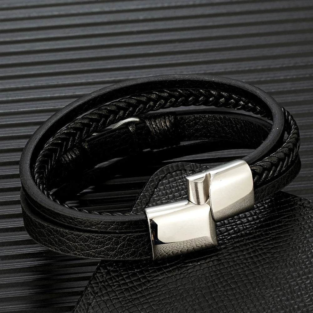 MKENDN Classic Men’s Infinity Bracelet - Braided Leather & Black Steel