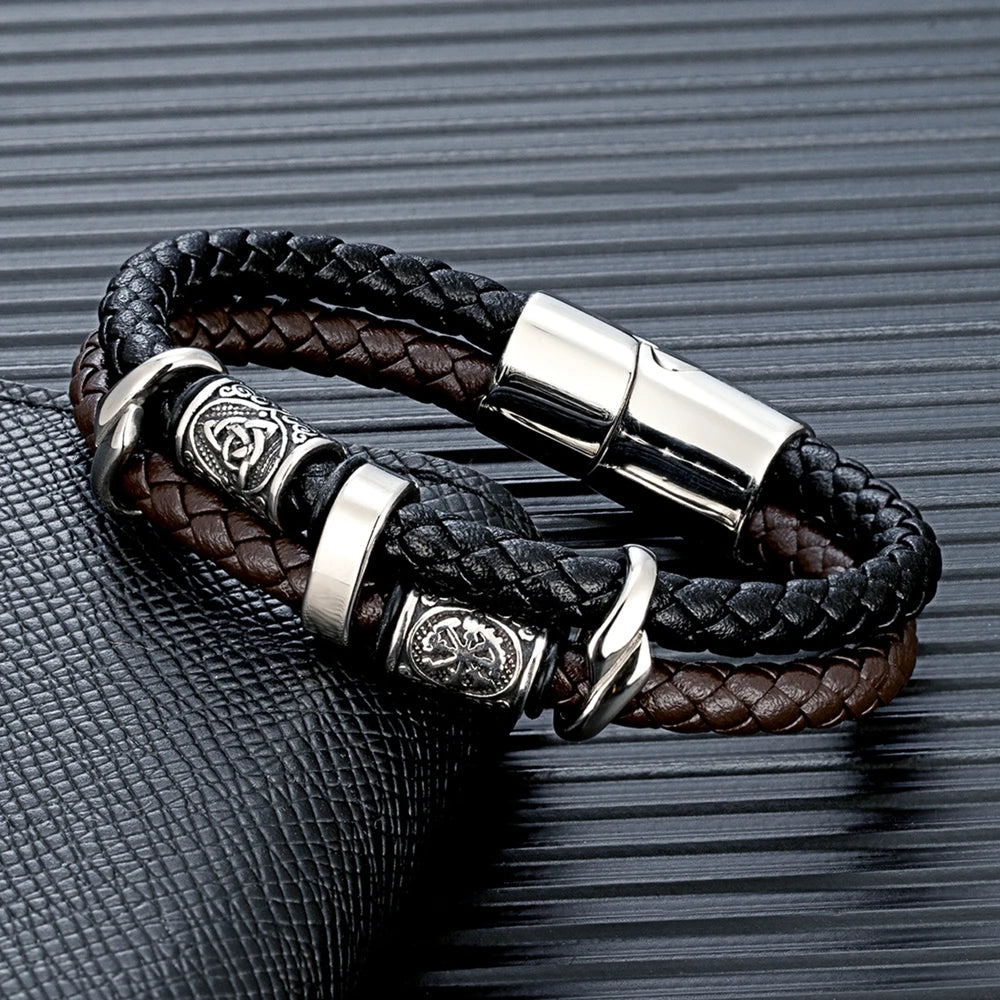 MKENDN Punk Viking Style Stainless Steel Compass Norse Runes Amulet Beads Braided Leather Bracelet for Men