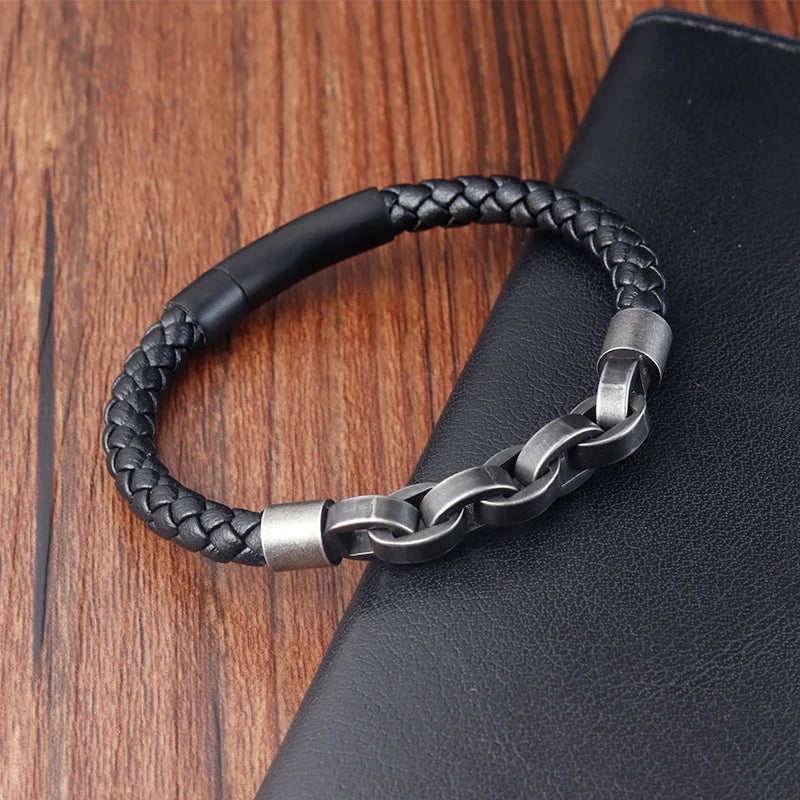 Leather Bracelet with Infinity Shape for Men - Stainless Steel Charm Accessory