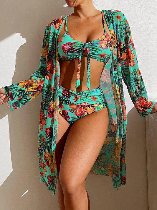 High Waisted Bikini 3 Pieces Floral Printed Swimsuit for Women