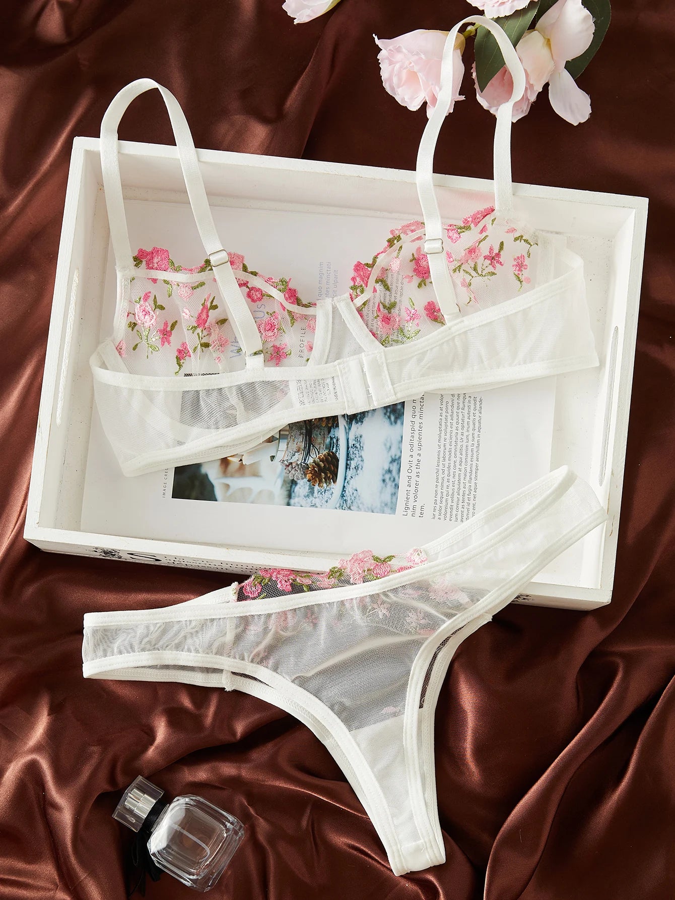 Semi-Sheer Floral Embroidered Bra & Panty Set – Elegant Sleepwear Lingerie