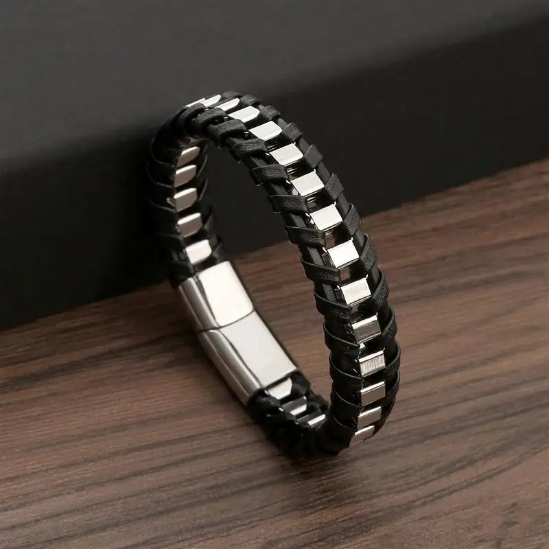 Jiayiqi Punk Men Jewelry Black/Brown Braided Leather Bracelet Stainless Steel Magnetic Clasp Fashion Bangles Gift 18.5/22/20.5cm