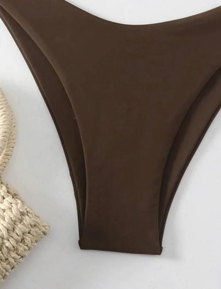 Women Halter Thong Bikini Set with Solid Lace Up Brazilian Swimwear