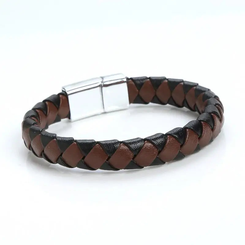 Jiayiqi Punk Men Jewelry Black/Brown Braided Leather Bracelet Stainless Steel Magnetic Clasp Fashion Bangles Gift 18.5/22/20.5cm