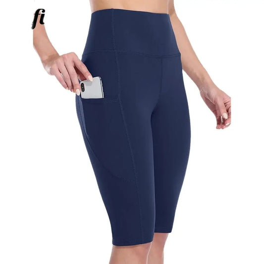Women's High-Waisted Yoga Shorts with Side Pockets – Solid Color Fitness Wear