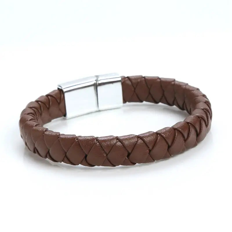 Jiayiqi Punk Men Jewelry Black/Brown Braided Leather Bracelet Stainless Steel Magnetic Clasp Fashion Bangles Gift 18.5/22/20.5cm