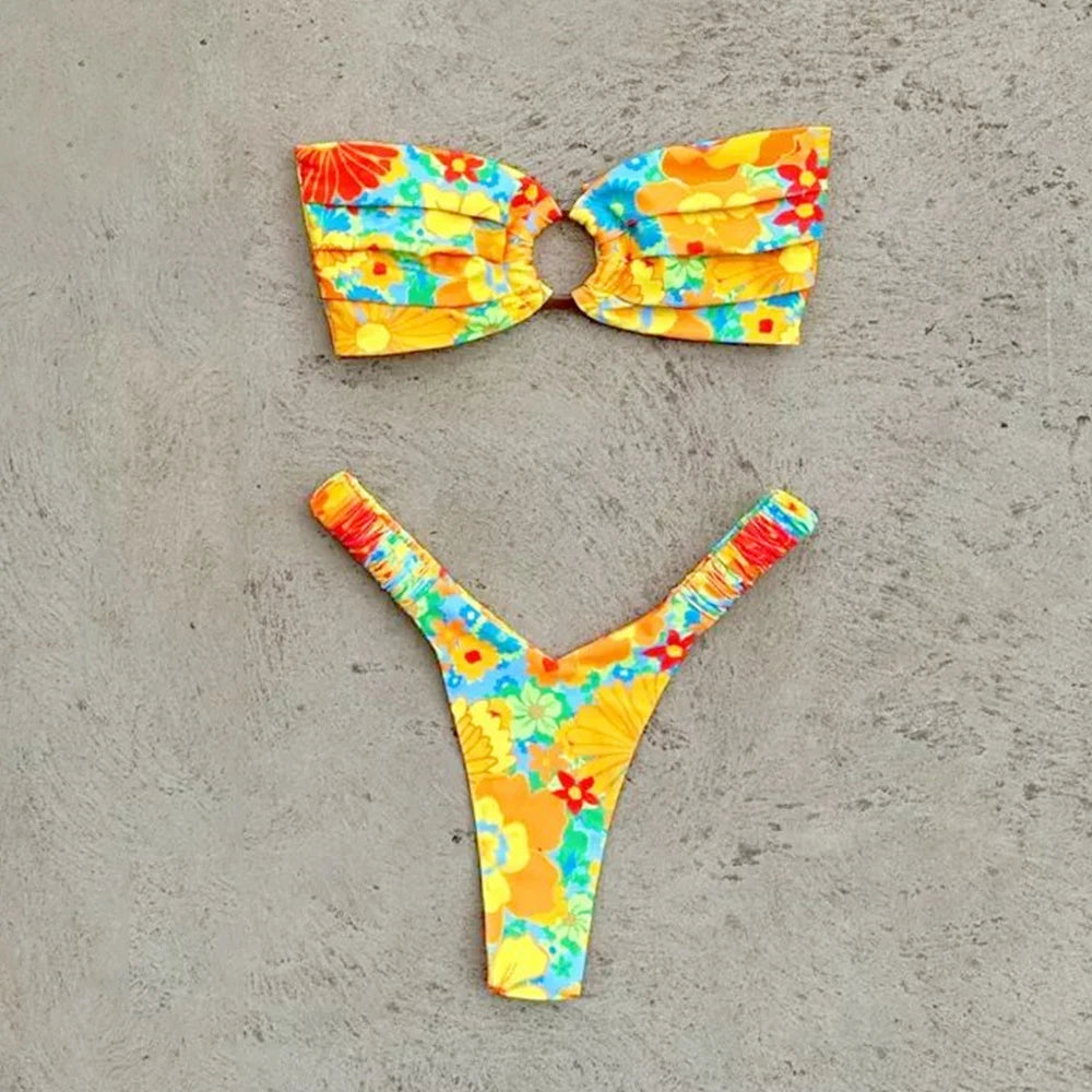 Printed Push-Up Bandeau Bikini Set – Brazilian Thong Swimwear