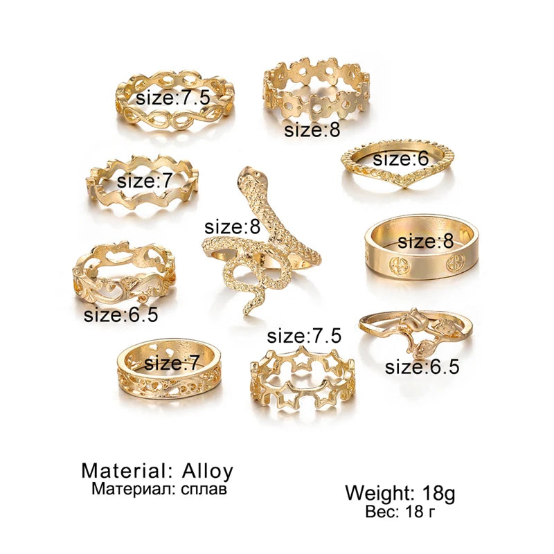 10pcs Punk Gold Color Chain Finger Rings Set For Women