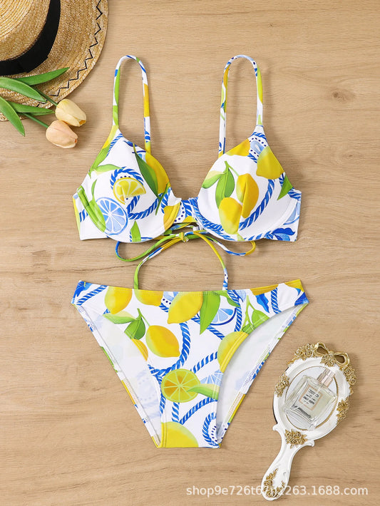 Lemon Print Triangle Bikini Set