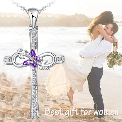 Bohemian Women Amethyst Zircon Butterfly Cross Pendant Necklace Engagement Necklaces for Women Stainless Steel Jewelry Gift