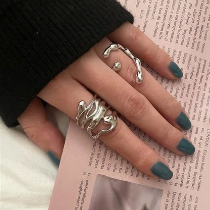 Irregular Hollow Silver Color Wide Ring Female Fashion Retro Unique Design Handmade Jewelry Gifts