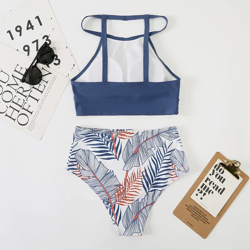 High Waist Bikini Set for Women – Printed, Padded & Wire-Free Swimwear with Halter Top and Garters