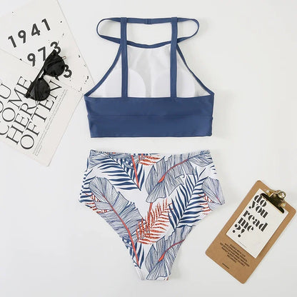 High Waist Bikini Set for Women – Printed, Padded & Wire-Free Swimwear with Halter Top and Garters