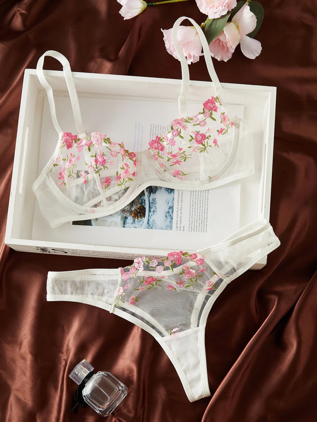 Semi-Sheer Floral Embroidered Bra & Panty Set – Elegant Sleepwear Lingerie