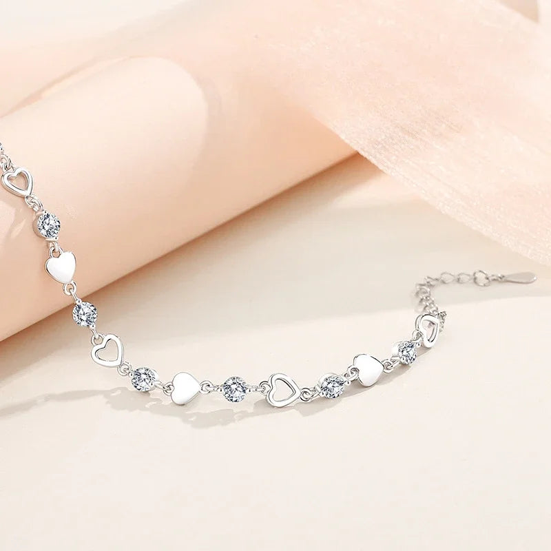 925 Sterling Silver Hollow Heart Zircon Eternity Bracelet For Women