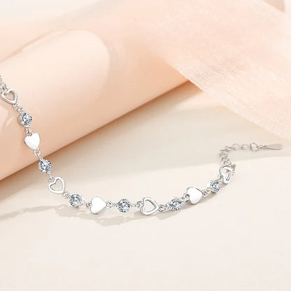 925 Sterling Silver Hollow Heart Zircon Eternity Bracelet For Women