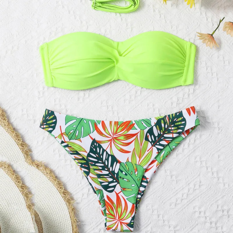 Neon green bikini top and tropical leaf patterned bottom