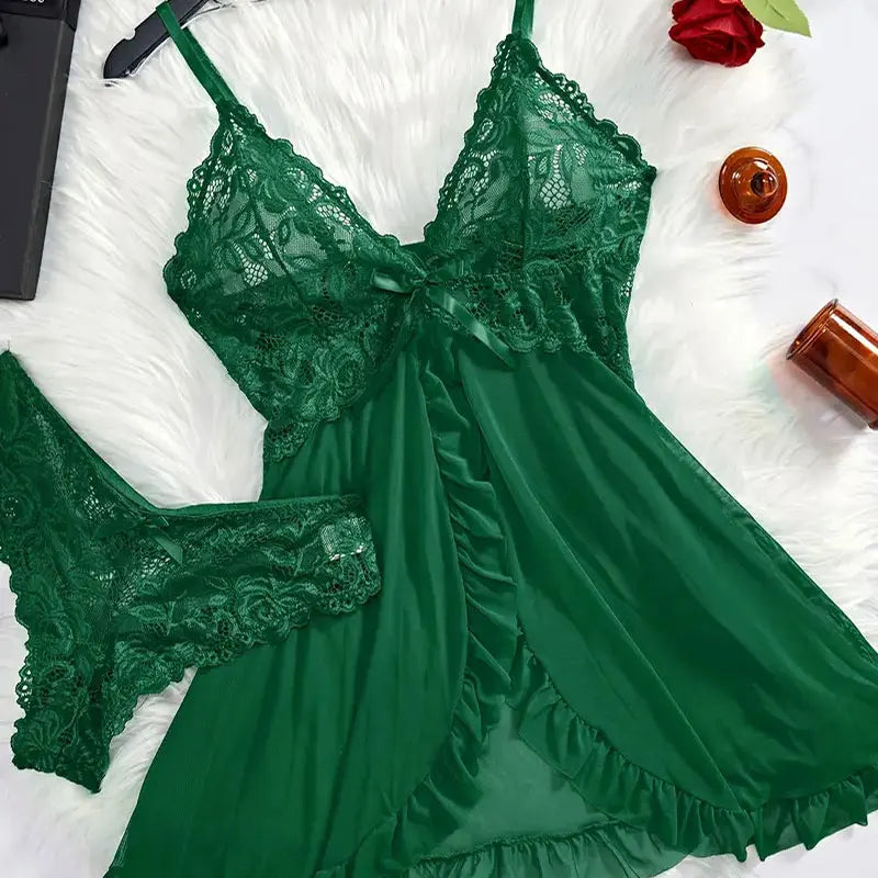2-Piece Lace Nightgown Set – Green Transparent Nightdress with Bra & Panty
