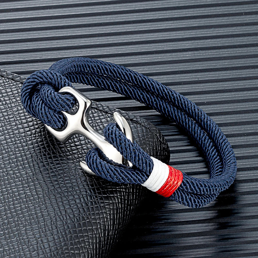 Double Strand Men's Anchor Bracelets with Nautical Survival Rope Stainless Steel Anchor Buckle