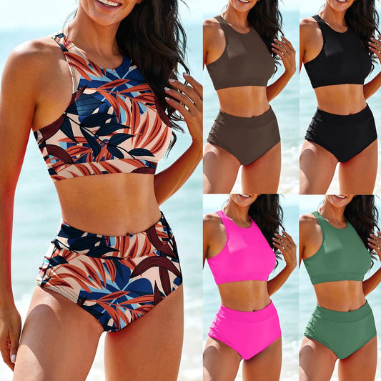 Summer High Elastic Bikini Set – Square Neck Vest & High Waist Bottoms