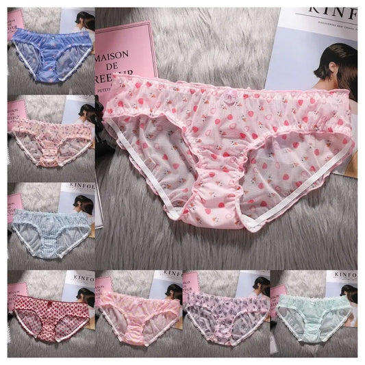 Strawberry Mesh Ruffle Panties – Low-Rise Cotton & Nylon Briefs