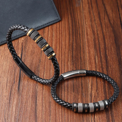 New Style Men’s Braided Leather Bracelet with Stainless Steel Beads – Trendy Punk Jewelry