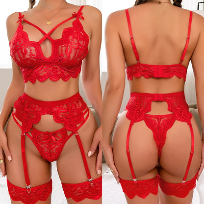 Alluring Sheer Lingerie Set - 3-Piece Bra, Panty, and Garter Ensemble