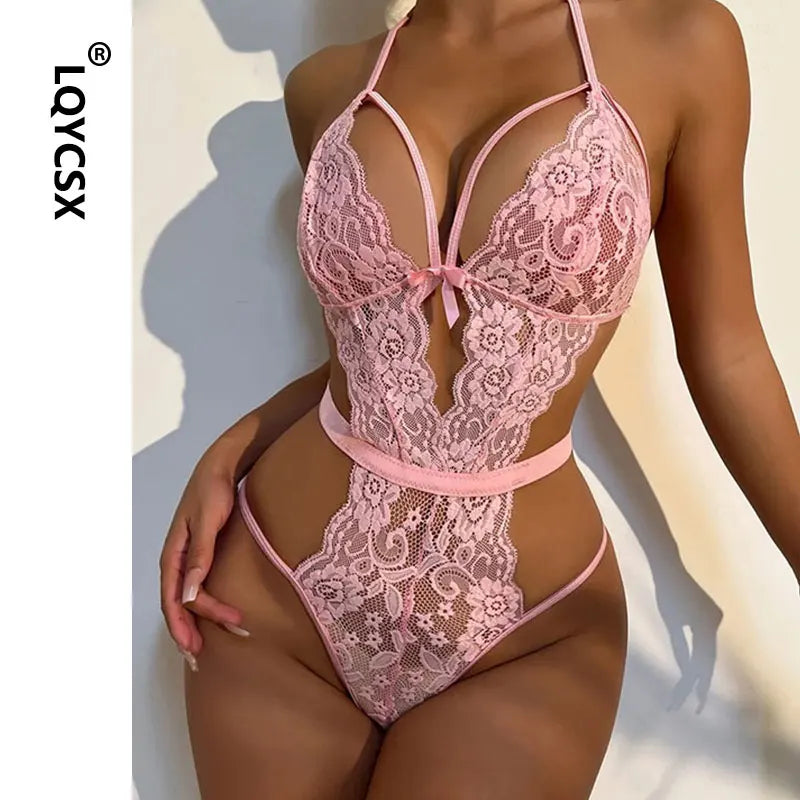 Halter Lingerie Set with Garters - Alluring Lace & Leg Loop Detail