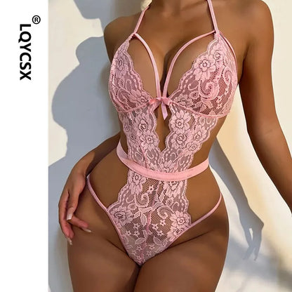 Halter Lingerie Set with Garters - Alluring Lace & Leg Loop Detail