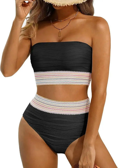 Swimwear Patchwork 2 Piece Strapless Bikini Set for Women – Bandeau Backless High Waist Bathing Suit