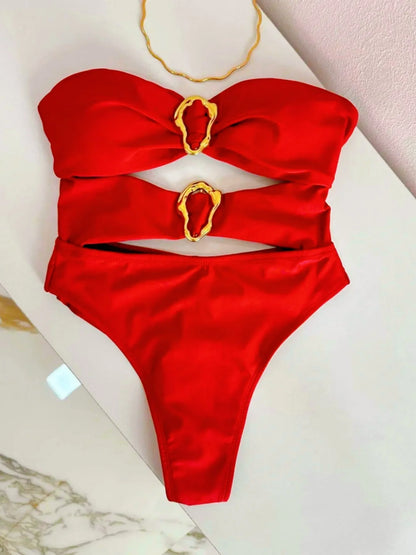 Bandeau One-Piece Swimsuit with Metal Ring Cut-Out – High Leg Design