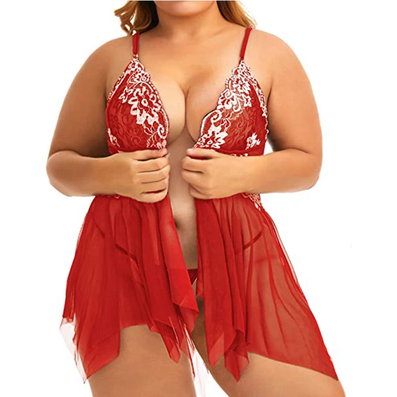 Plus Size Lace Babydoll Chemise Nightgown Set - Flattering V-Neck Lingerie