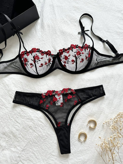 Night Beautiful Floral Embroidery Sexy Women's Lingerie Set