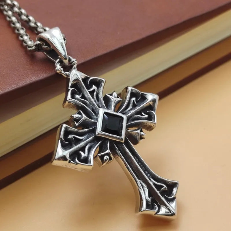 BOCAI S925 Sterling Silver Pendants for Men Women New Men's Fashion Simple Black Zircon Cross Argentum Amulet Punk Jewelry