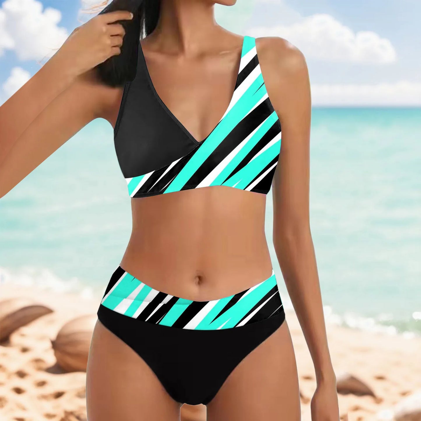  black, white, and turquoise striped bikini set