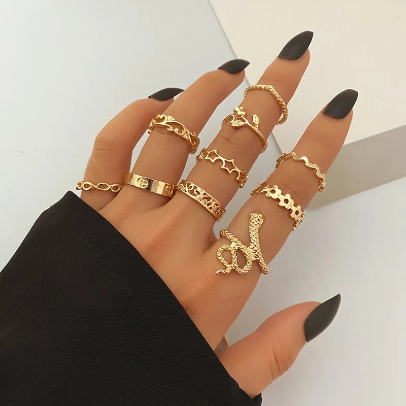 10pcs Punk Gold Color Chain Finger Rings Set For Women