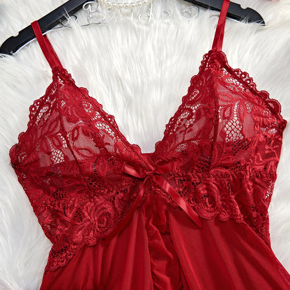 Transparent Red Lace Nightdress Set – Sheer Sleepwear with Panty