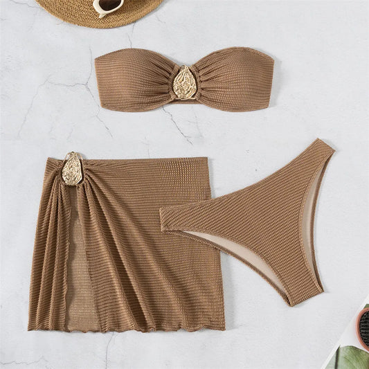 Brown Color Strapless 3-Piece Bikini Set with Metal Buckle & Cover-Up for Women