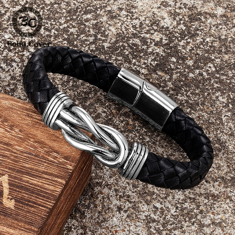 Men's Woven Genuine Leather Infinity Bracelet with Stainless Steel Charm – Fashionable Gift for Couples