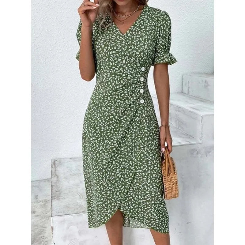 Elegant Floral Pleated H-shaped Midi Dress V Neck Summer Dresses for Women